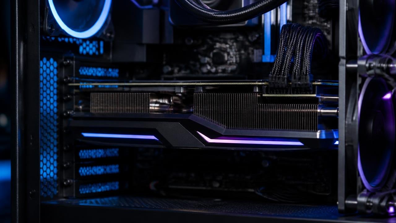 Detalhe interno de um PC gamer premium com placa de vídeo de alto desempenho instalada